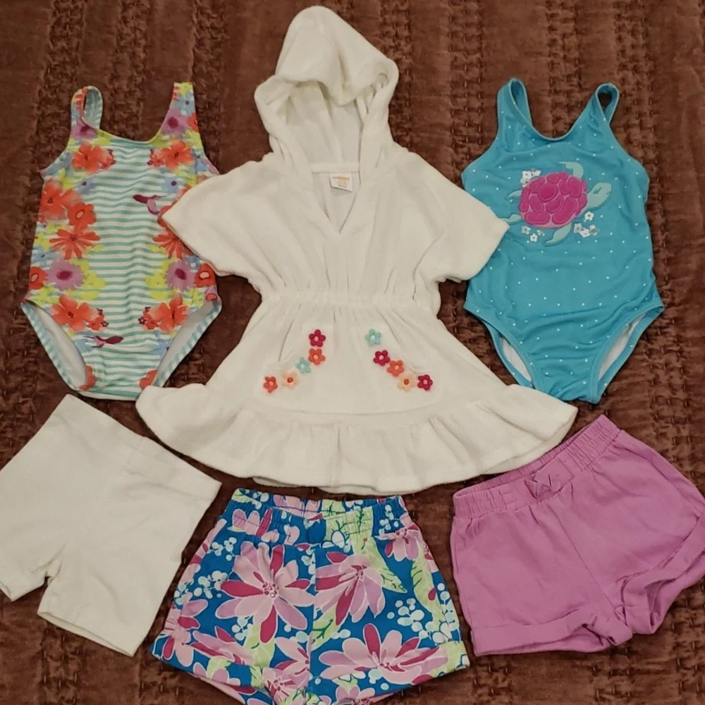 Gymboree Swim set - swimsuits, shorts, cover up Toddler Girl 12-18M bows flowers